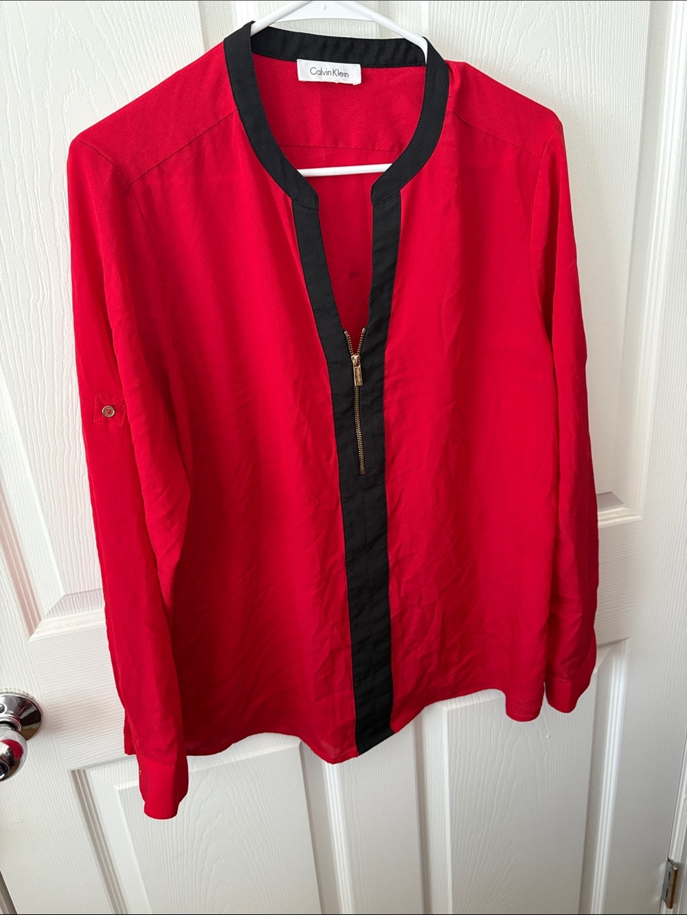 Calvin Klein Red Long Sleeve zipper Down Shirt with Black Trim